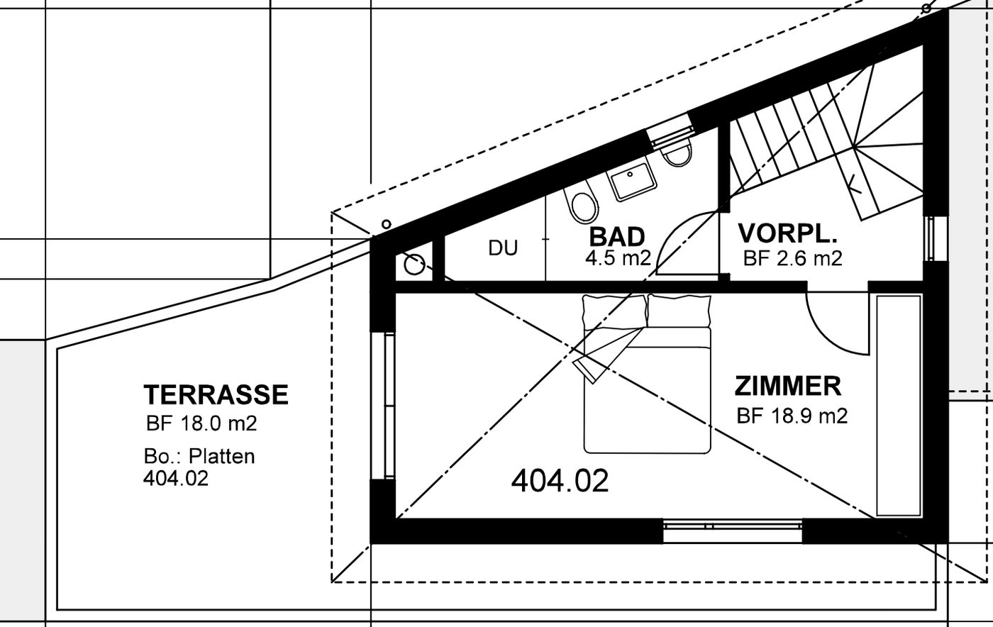 Upper floor plan of Villa 77 with bedroom, bathroom, landing and terrace