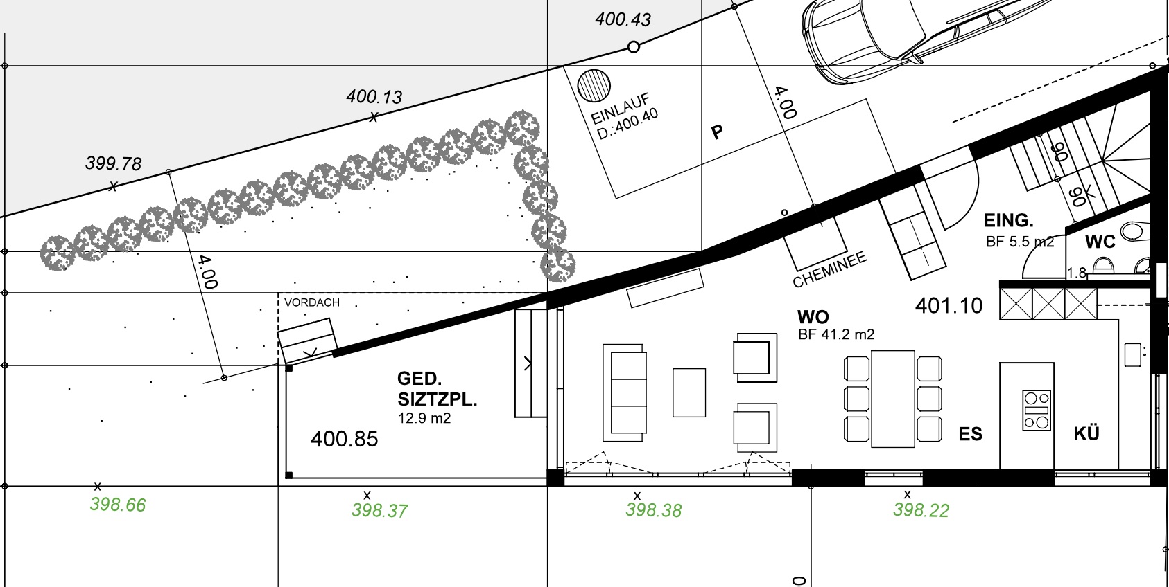 Ground floor plan of Villa 77 — open-plan living, dining and kitchen with entrance and guest WC